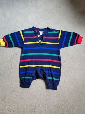 Vintage Baby Striped Navy One-Piece Romper with Colorful Buttons - 3m